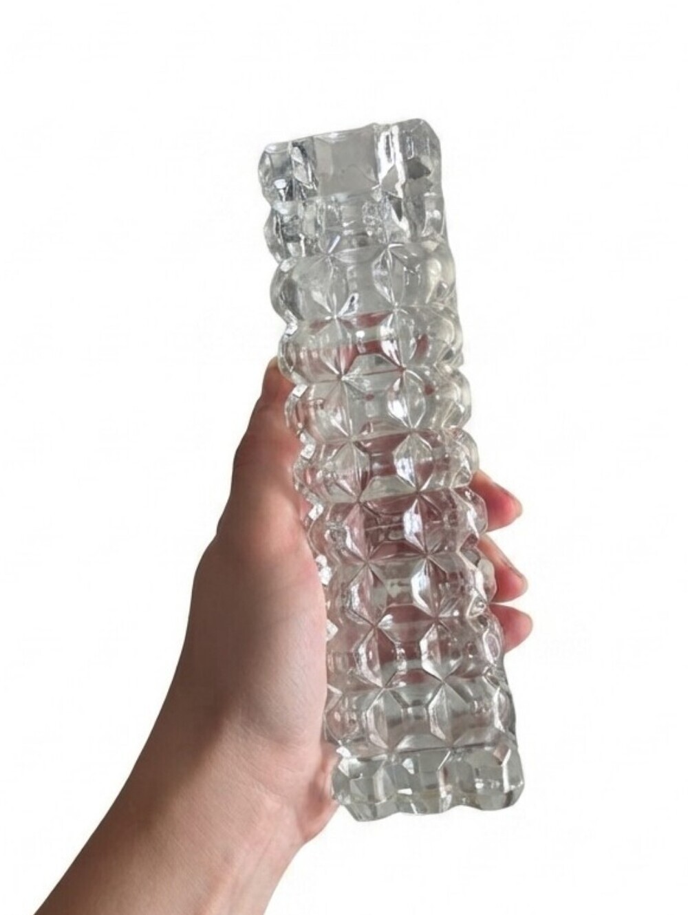 Vintage Hungarian Crystal Bud Vase 3D Checkered Pattern Heavy Clear Glass